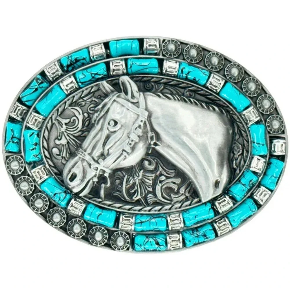 Western Horse Head Belt Buckle Silver Turquoise Faux Stone Oval Southwestern NWT
